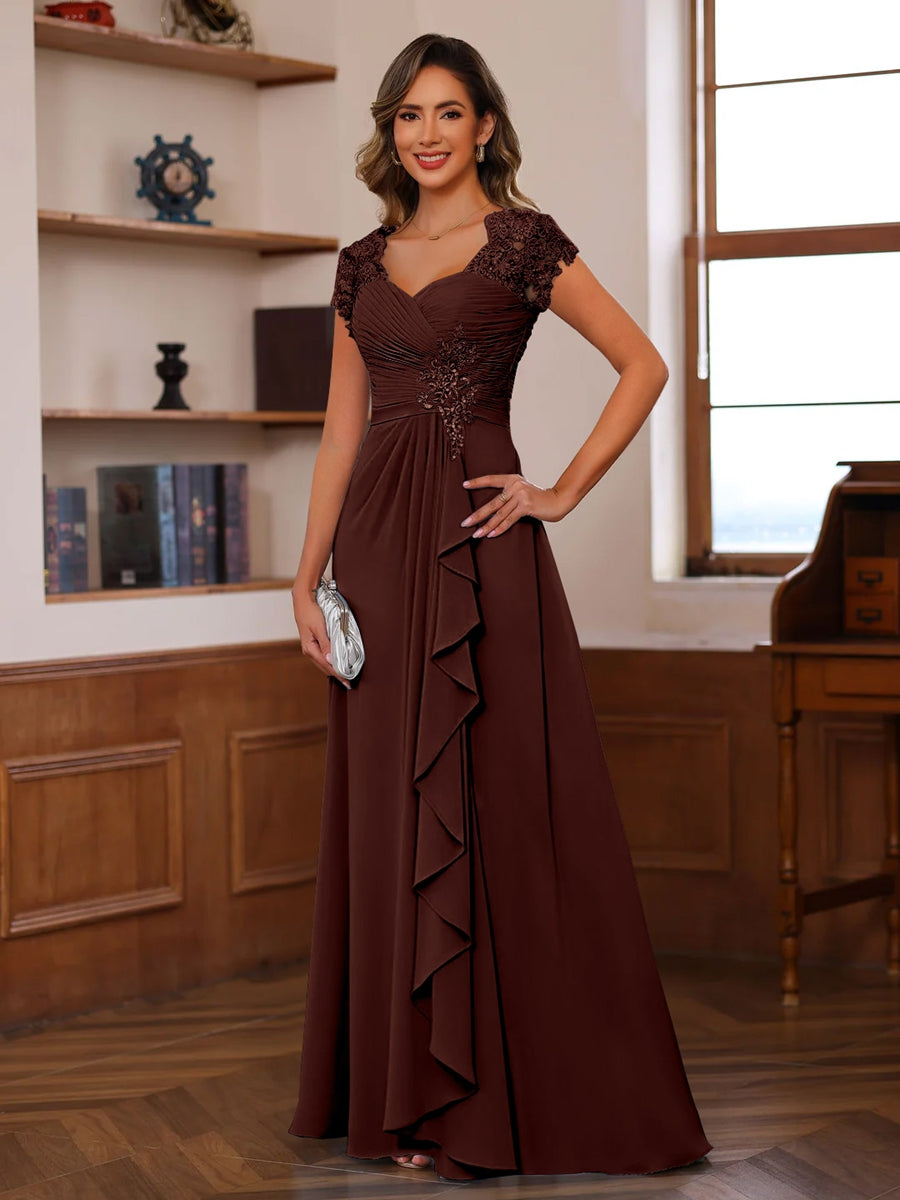 Robe de soirée longue en mousseline à manches en dentelle pour femme