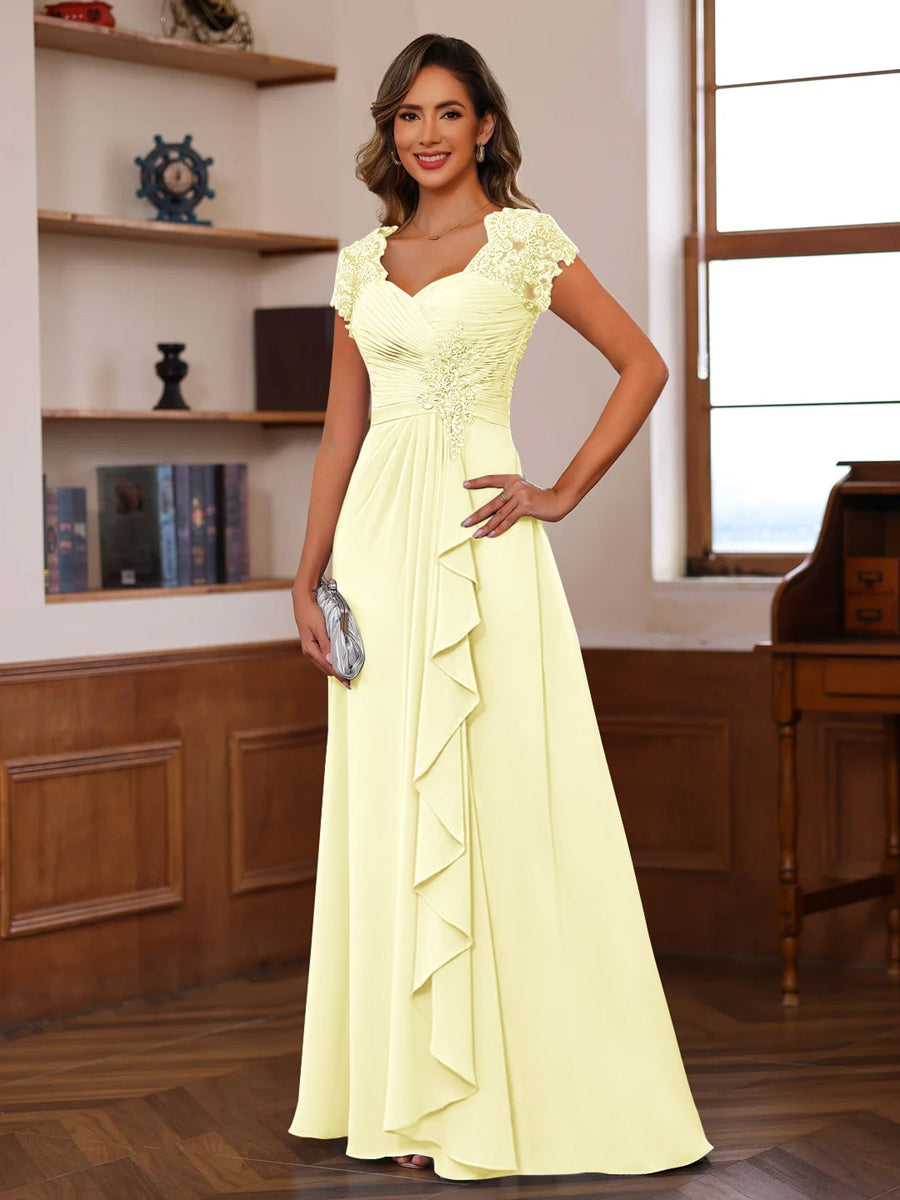 Robe de soirée longue en mousseline à manches en dentelle pour femme