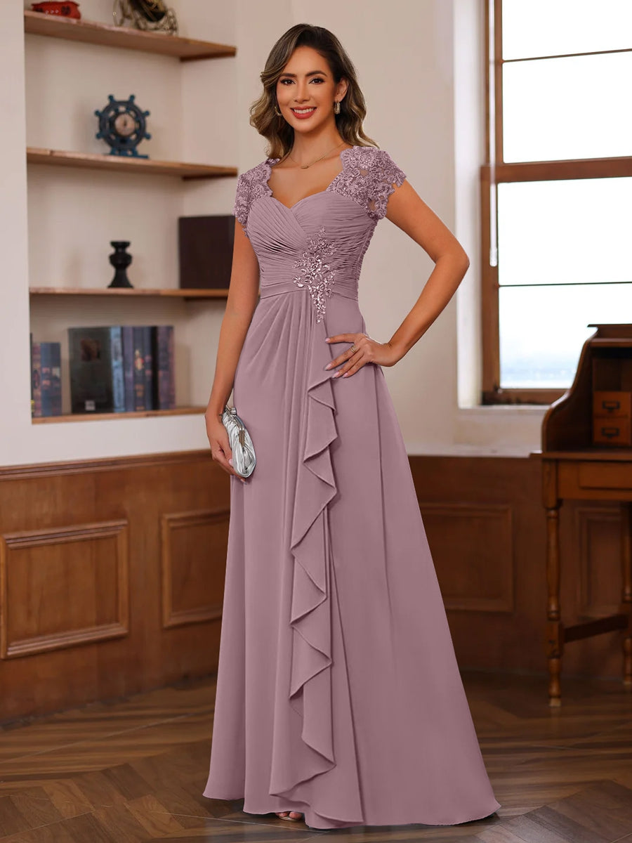 Women's Lace Sleeve Chiffon Maxi Evening Dress