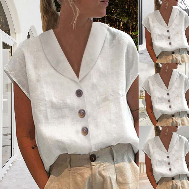 Women's White Linen Button-Down Collar Top