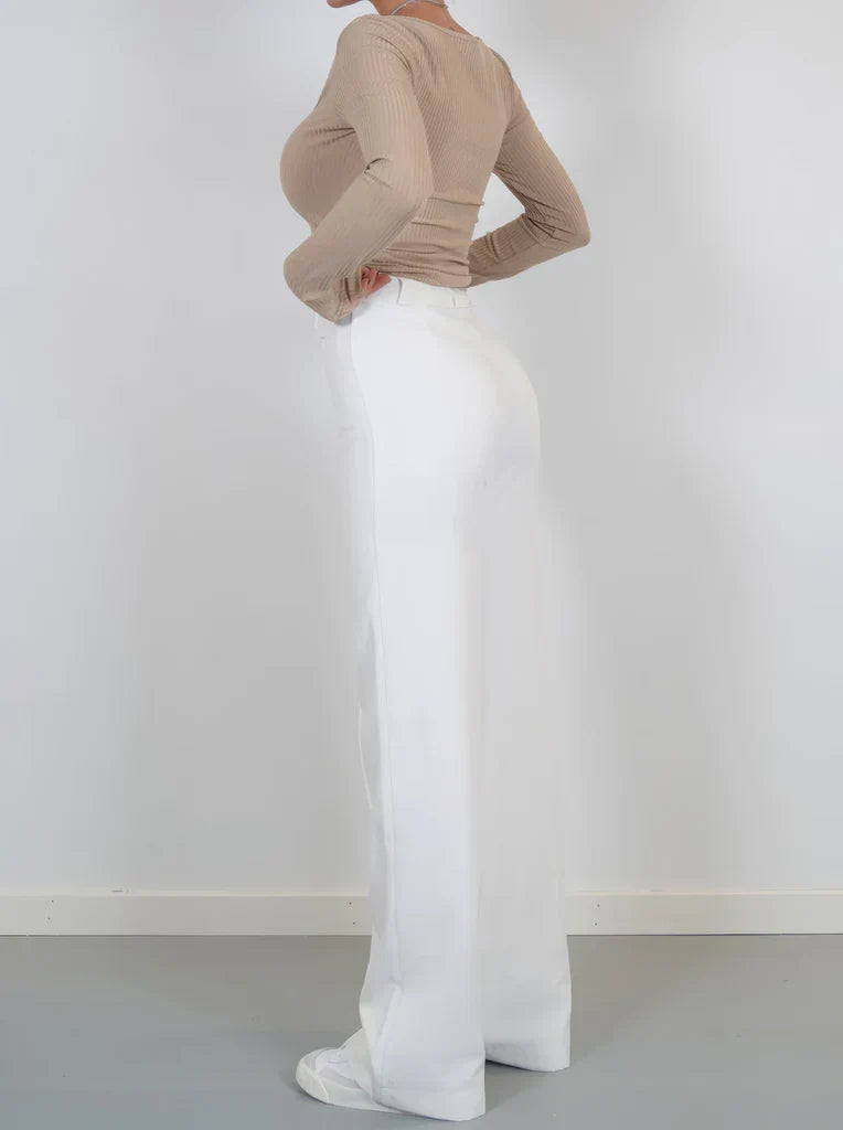 Pantalon large à taille haute pour femme avec poches