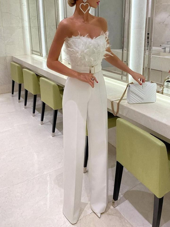 Women's Feather Strapless Wide Leg Jumpsuit