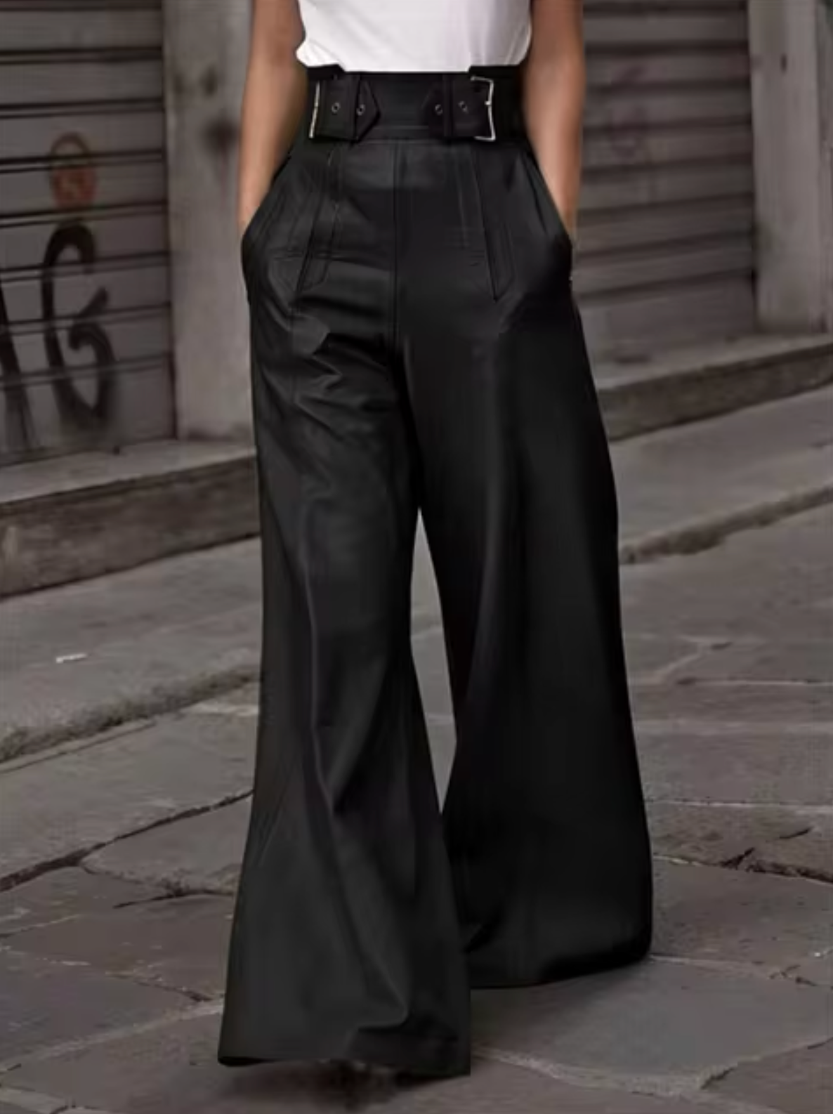 Pantalon large taille haute pour femme en simili cuir