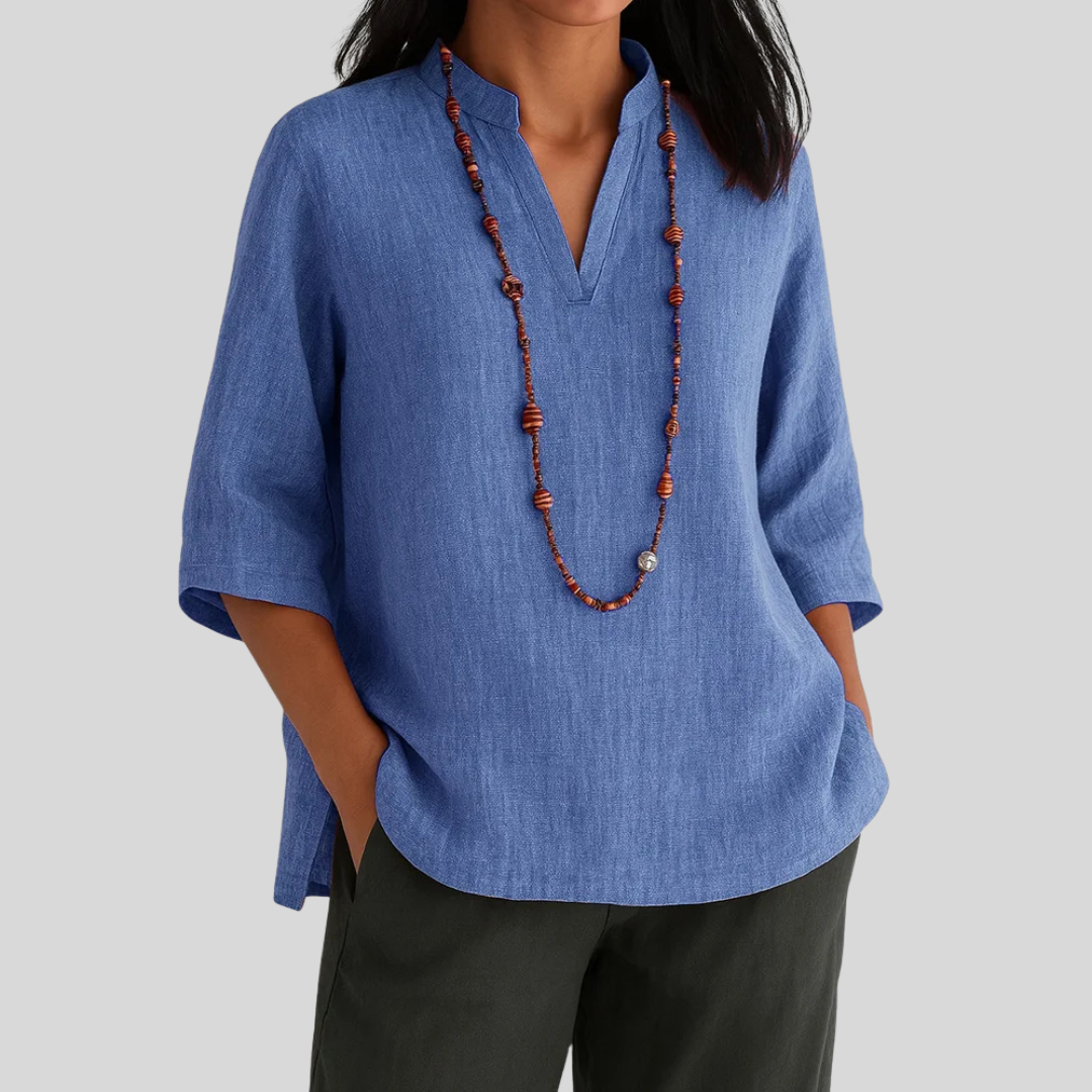 Blouse en mélange de lin coupe décontractée à col en V pour femme