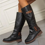 Women's Knee-High Biker Boots with Buckle Detail