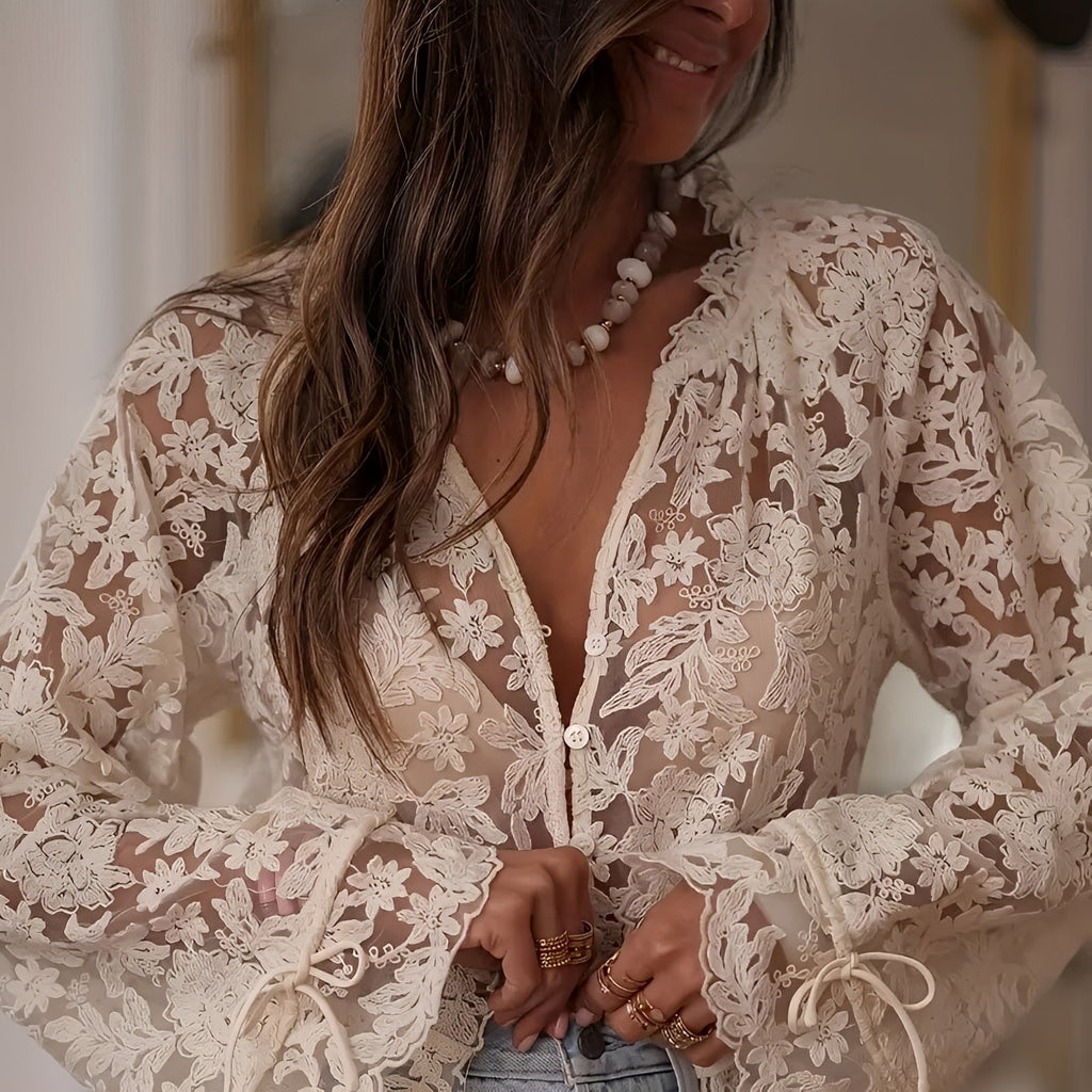 Women's Sheer Floral Lace Button Blouse