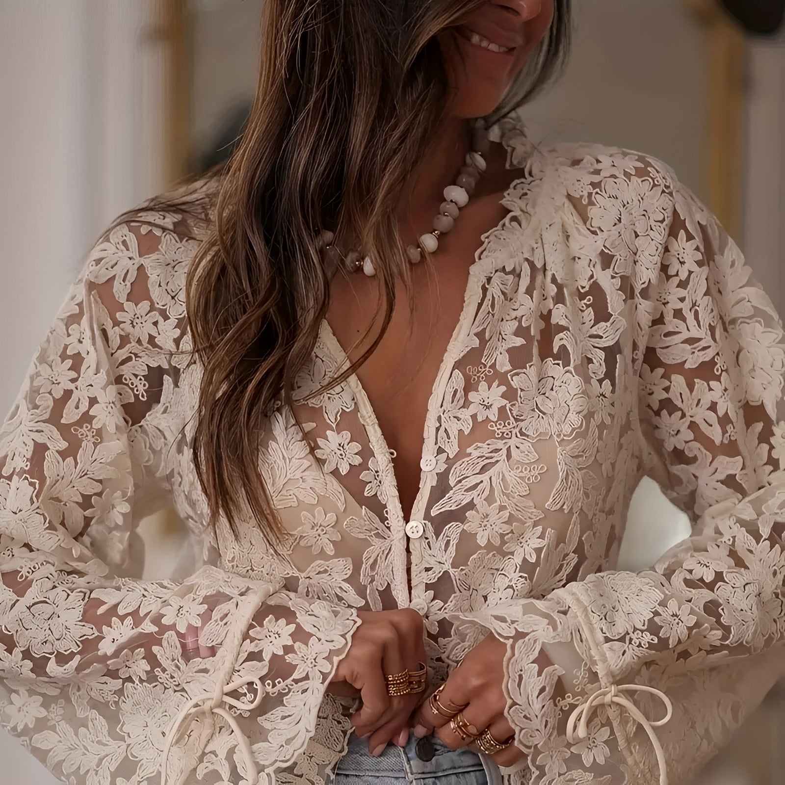 Women's Sheer Floral Lace Button Blouse