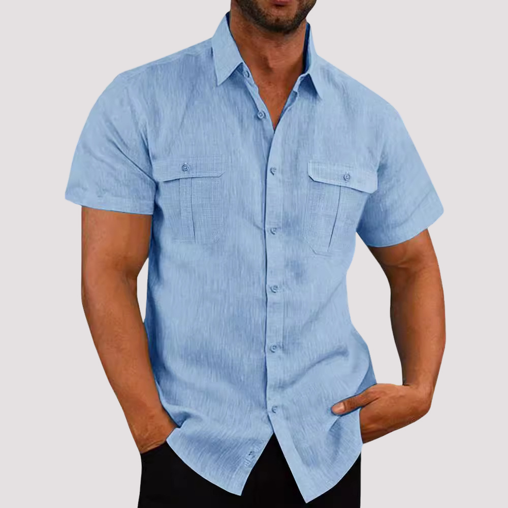 Men's Linen Blend Short Sleeve Button-Up Shirt with Chest Pockets
