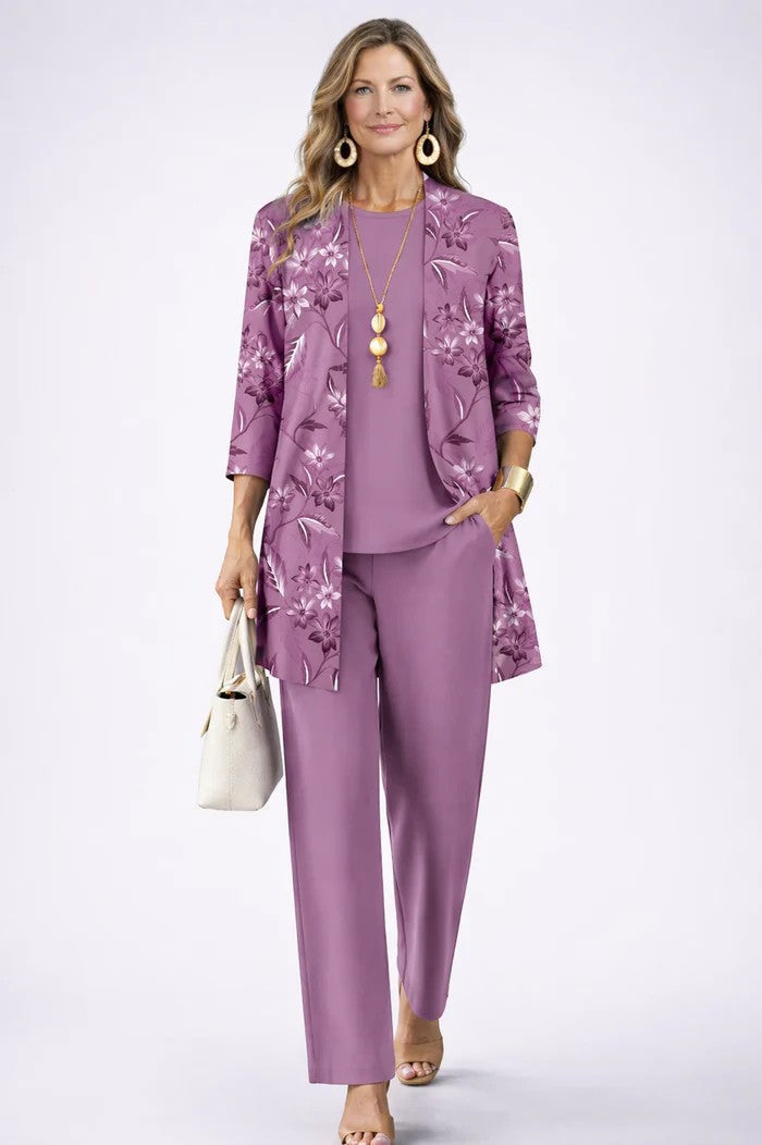 Ensemble trois pièces imprimé avec cardigan et pantalon pour femme