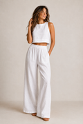 Women's Linen Blend Crop Top and Wide Leg Trousers Co-Ord Set for Summer