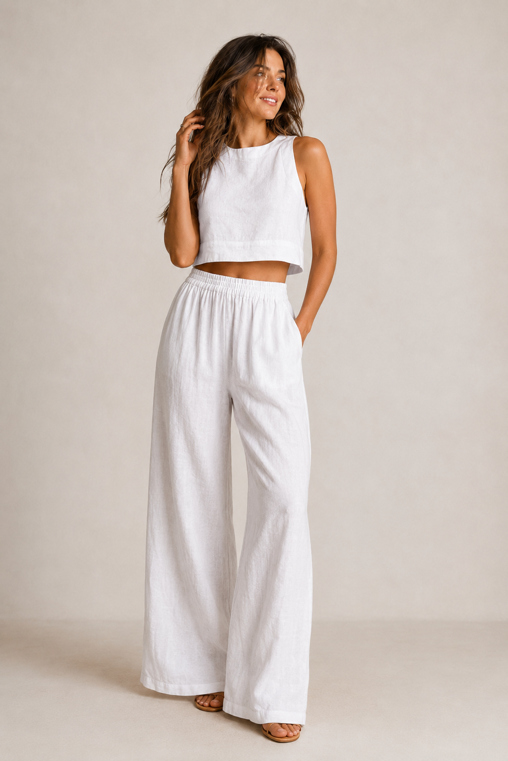 Women's Linen Blend Crop Top and Wide Leg Trousers Co-Ord Set for Summer
