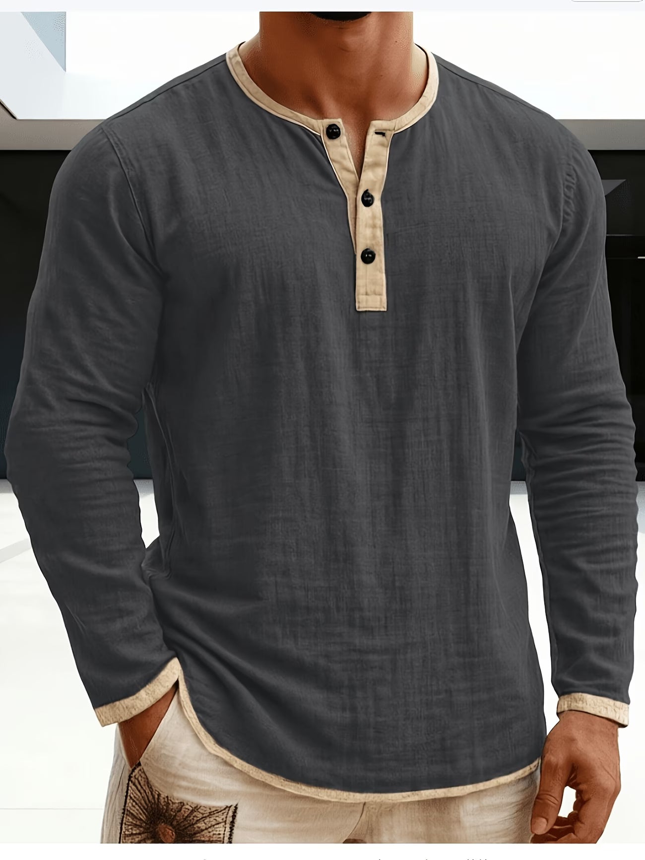 Chemise Henley pour homme à manches longues avec bordures contrastantes