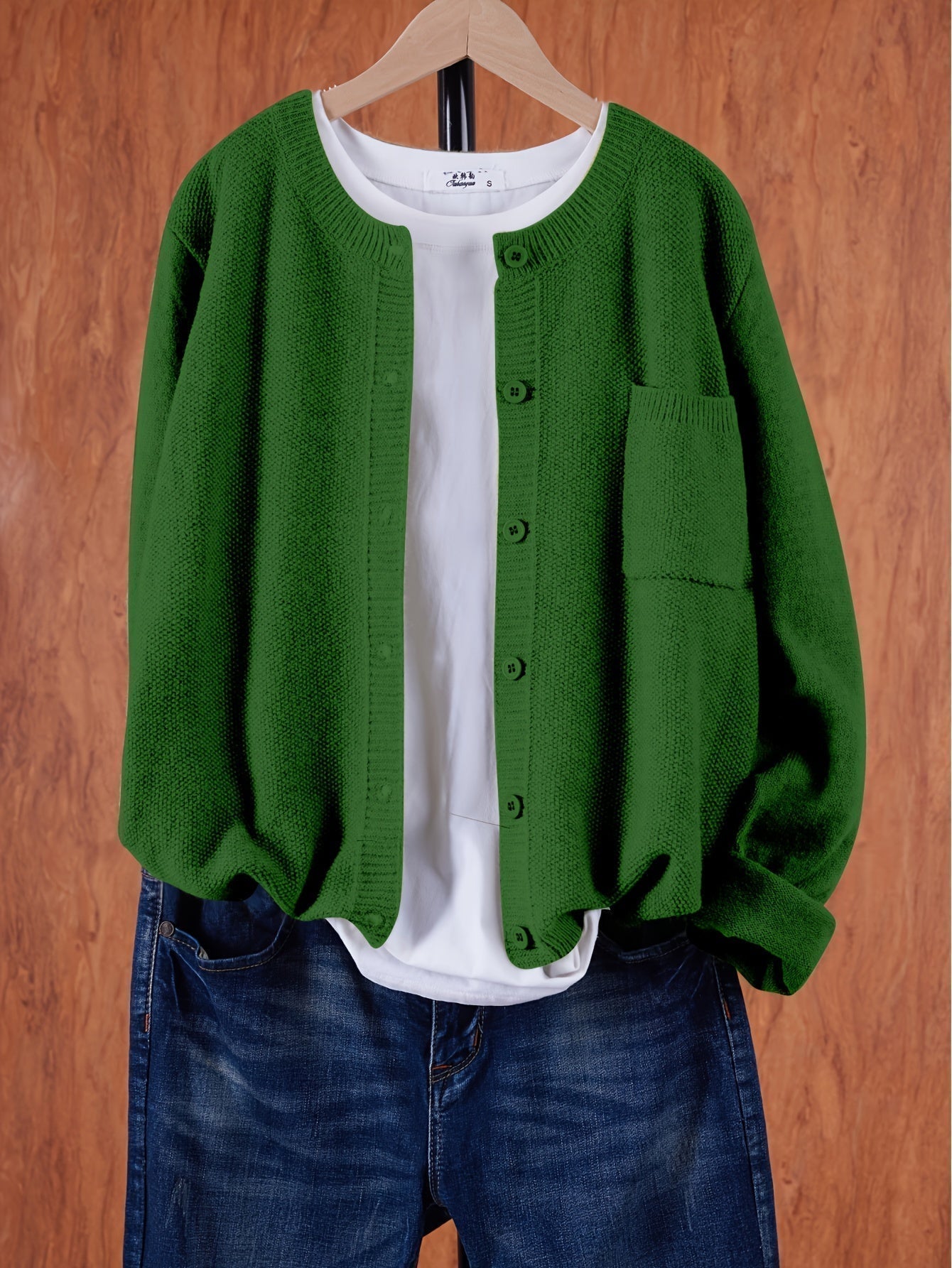Women’s Knitted Button Cardigan with Crew Neck and Pocket