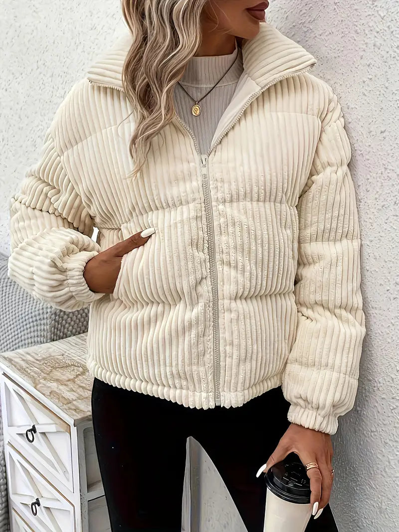 Veste matelassée pour femme en velours côtelé avec fermeture à glissière sur le devant