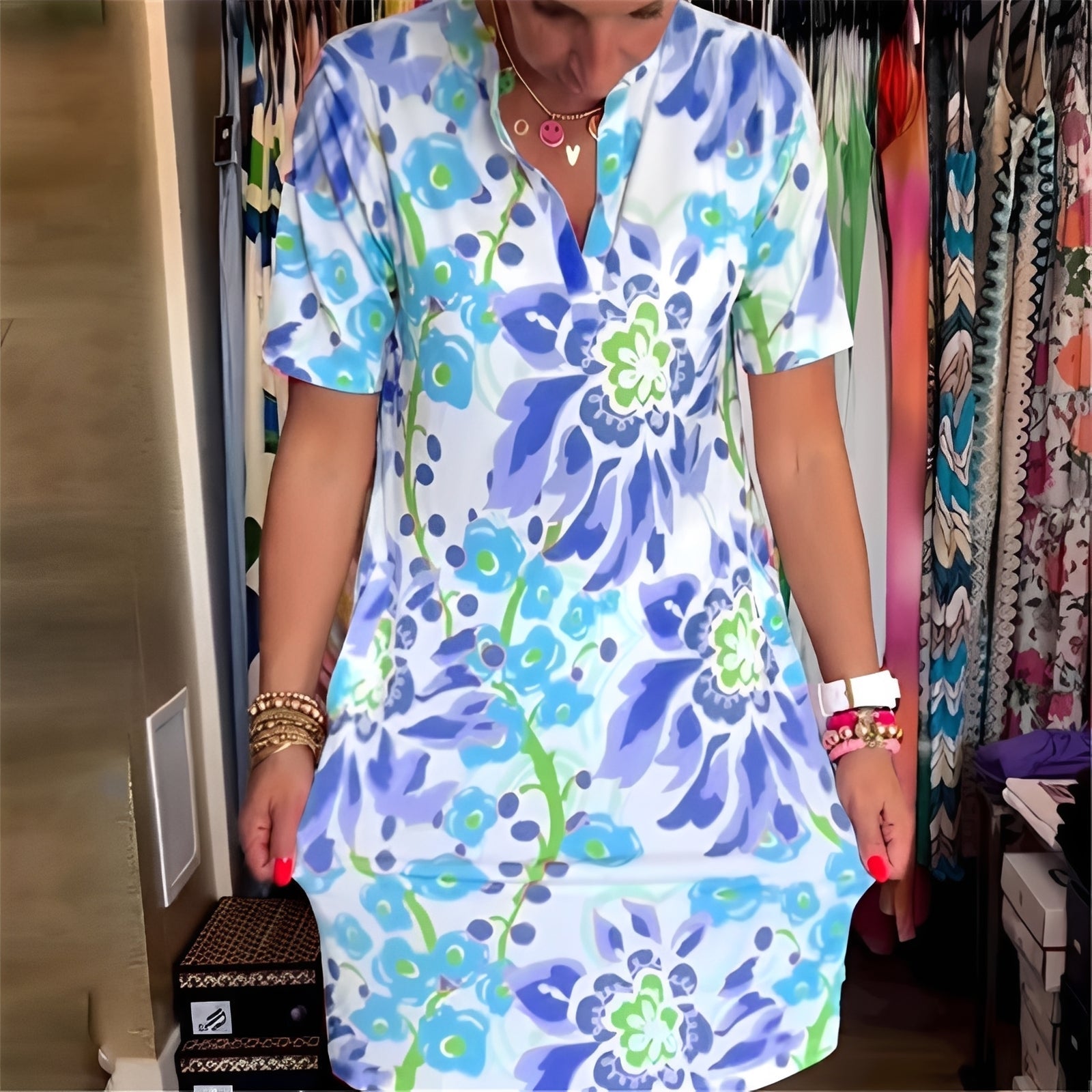 Women's Cotton Blend Floral Shift Dress with Notch Neck