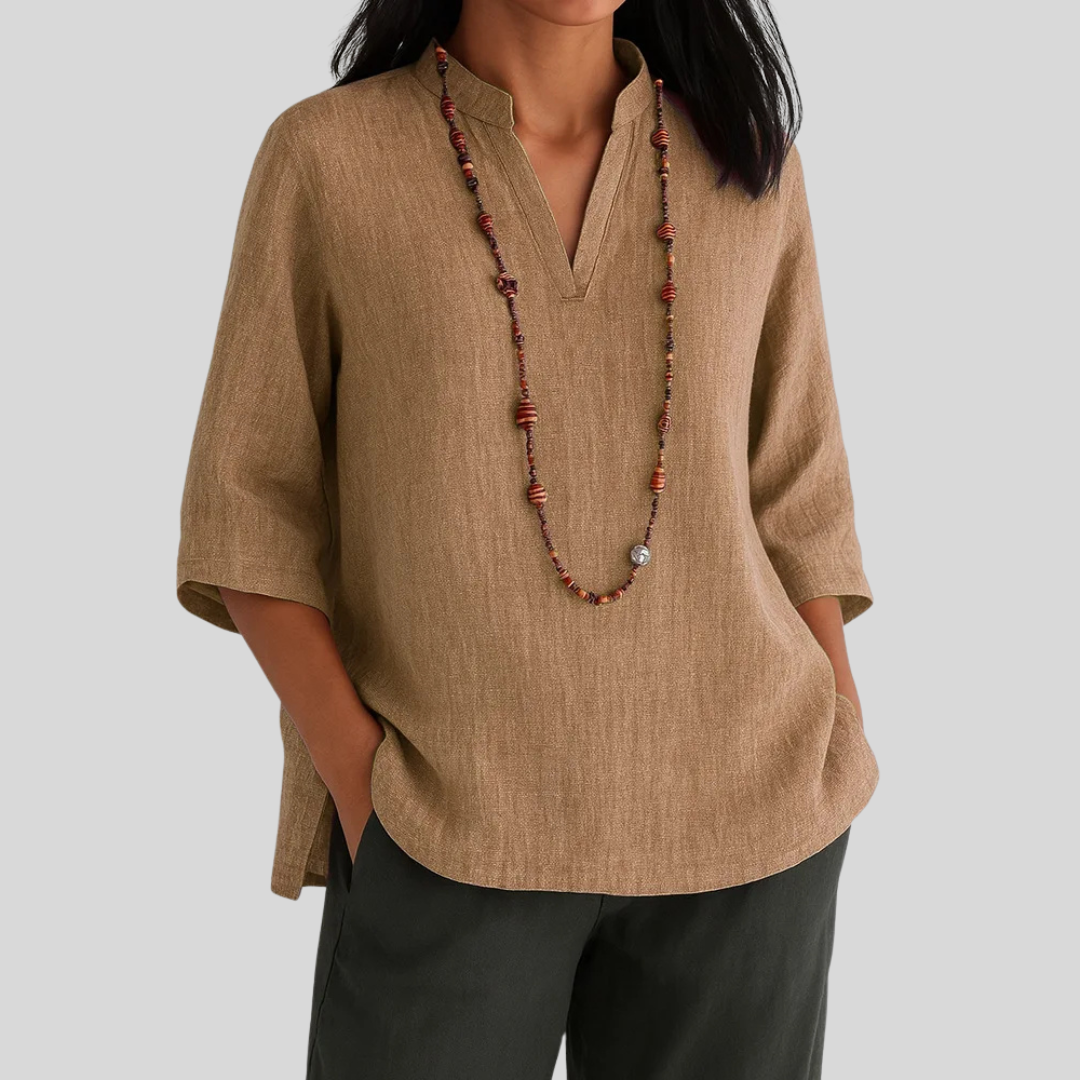 Blouse en mélange de lin coupe décontractée à col en V pour femme
