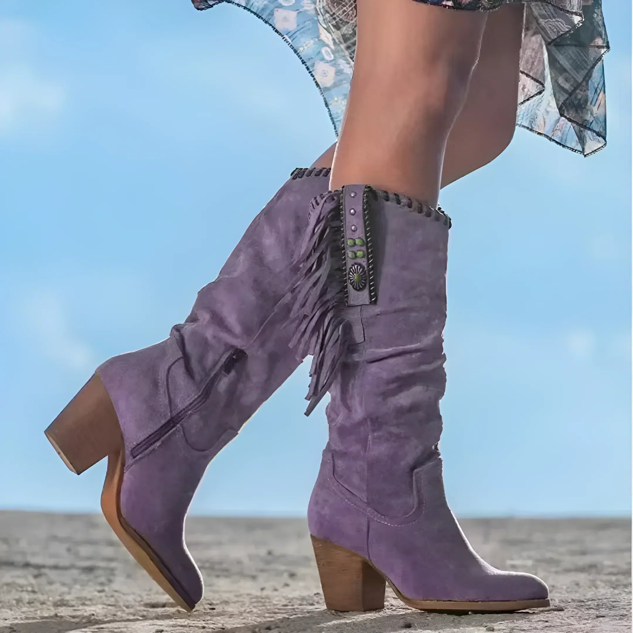 Bottes western à franges montant jusqu’au milieu du mollet pour femme