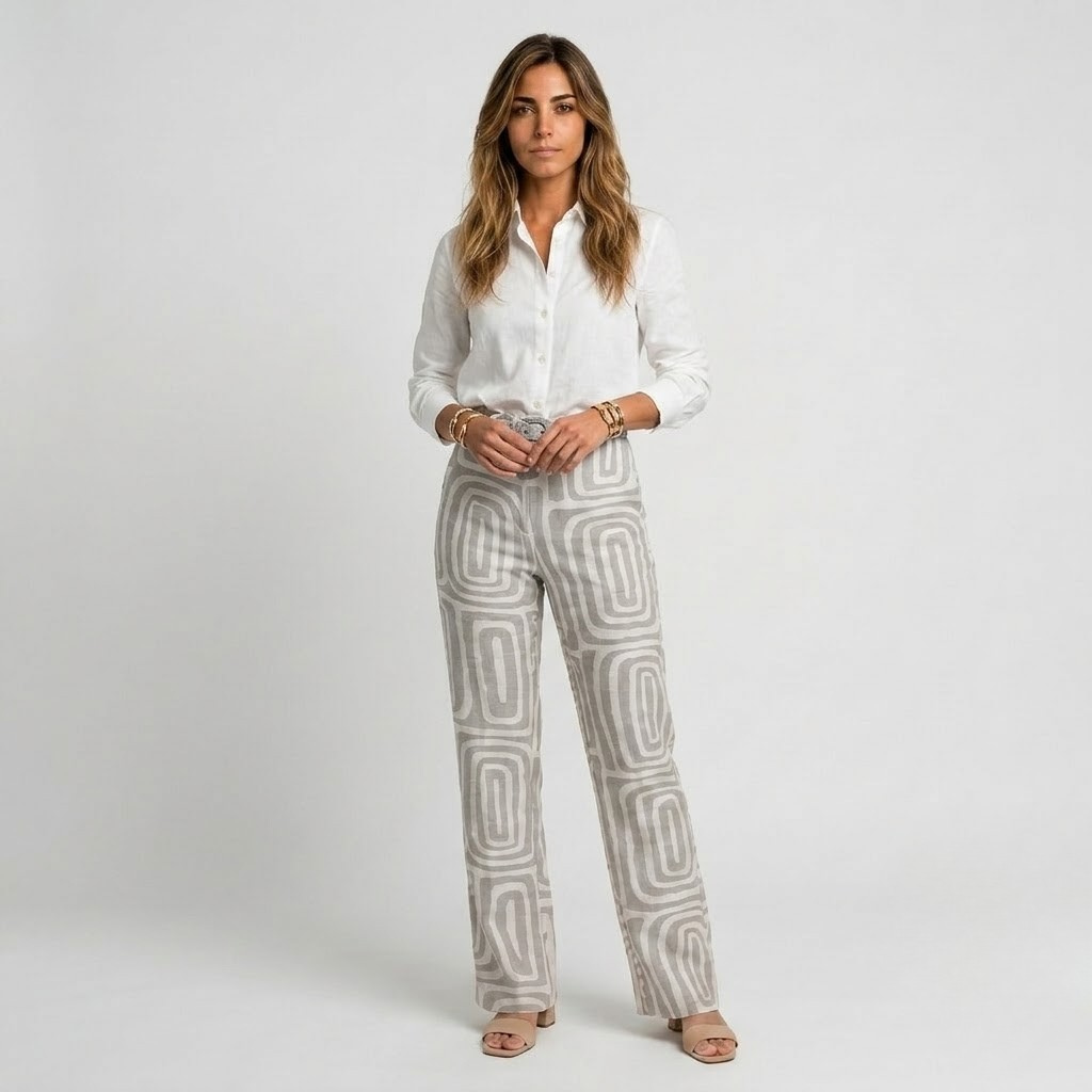 Pantalon taille haute à jambes droites et motif géométrique pour femme