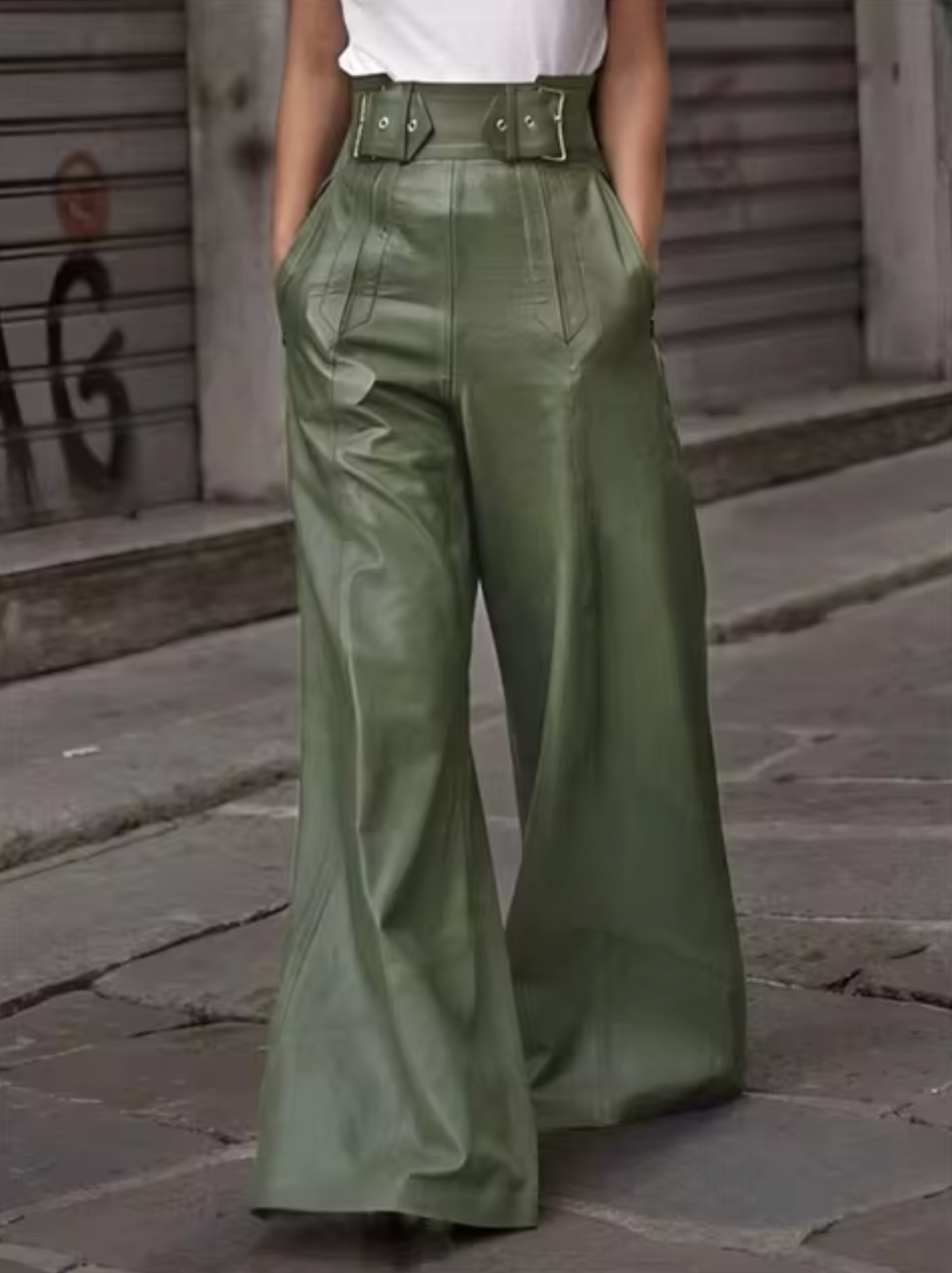 Pantalon large taille haute pour femme en simili cuir