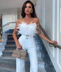 Women's Feather Strapless Wide Leg Jumpsuit