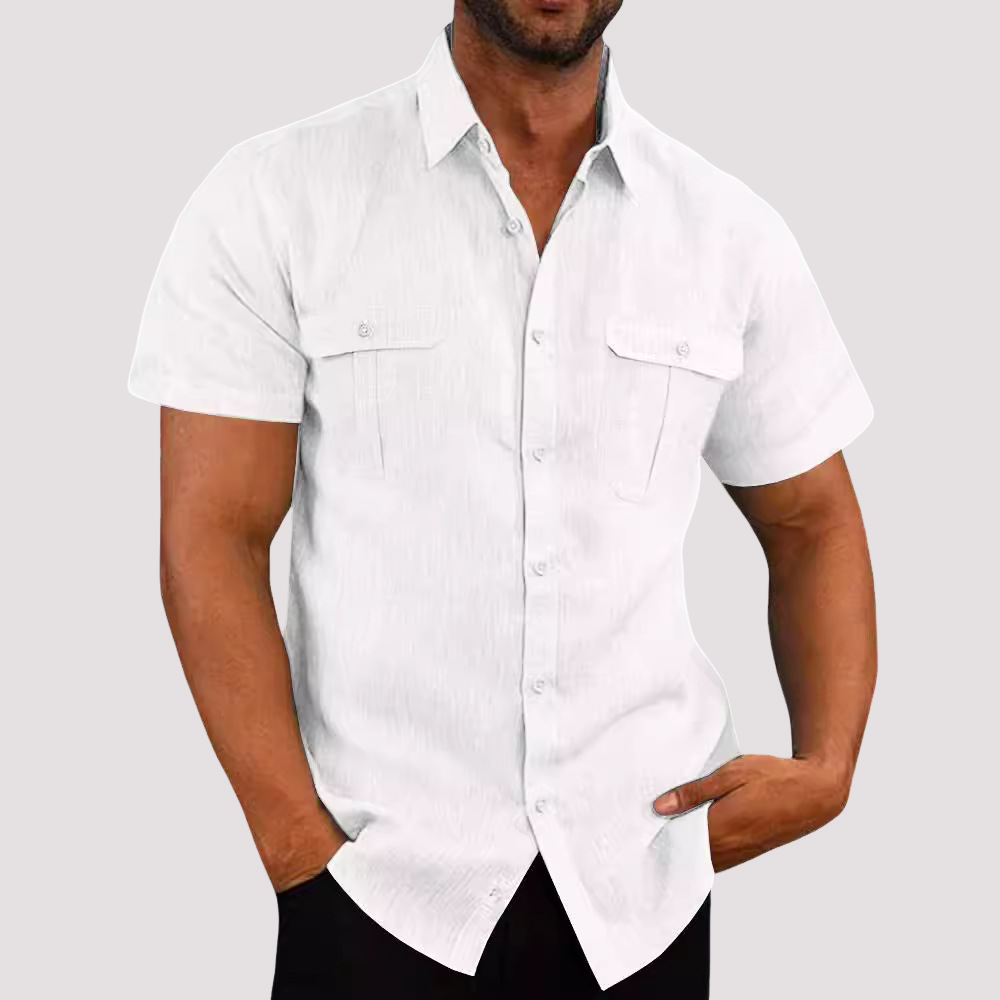 Men's Linen Blend Short Sleeve Button-Up Shirt with Chest Pockets