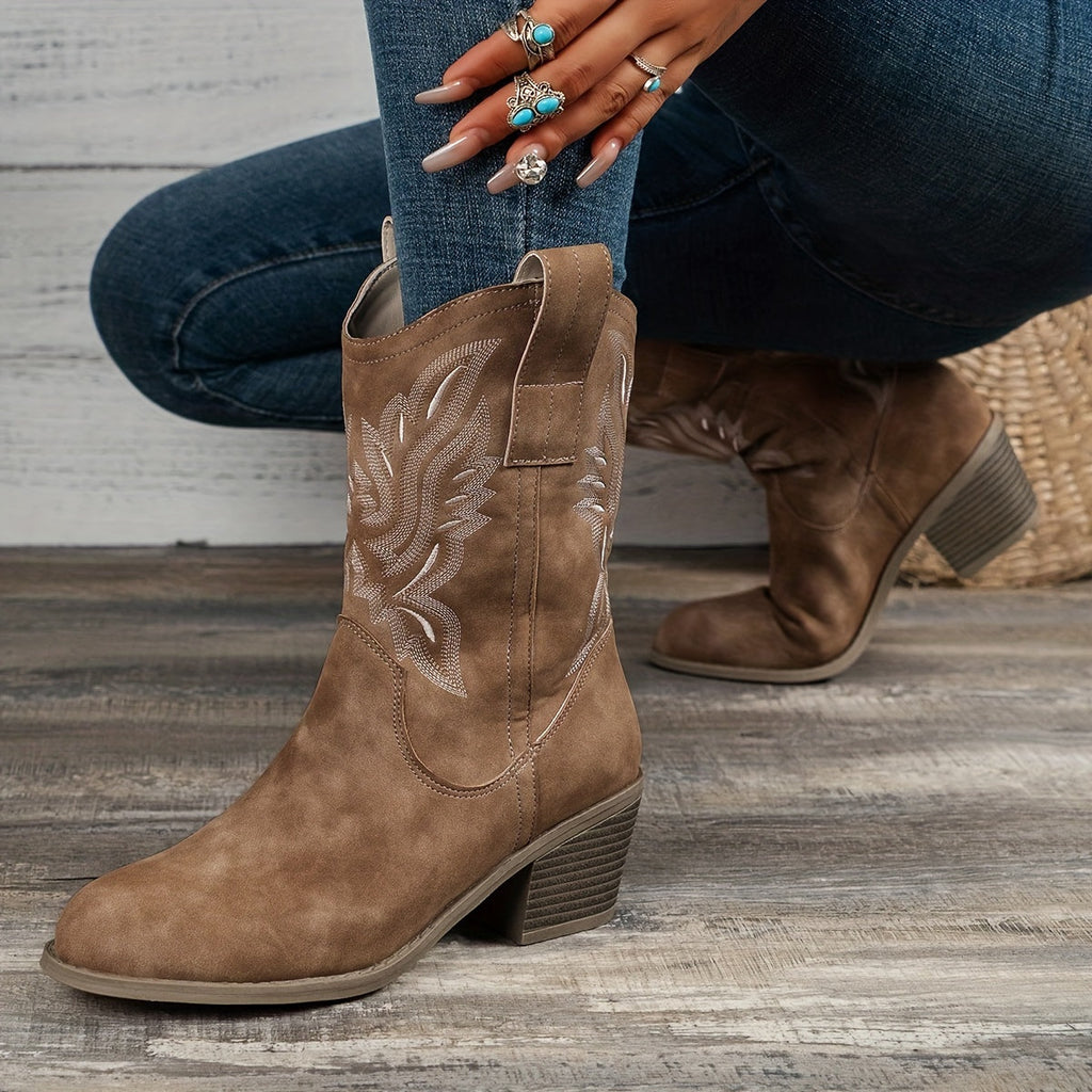 Women’s Western Suede-Look Cowboy Boots with Block Heel