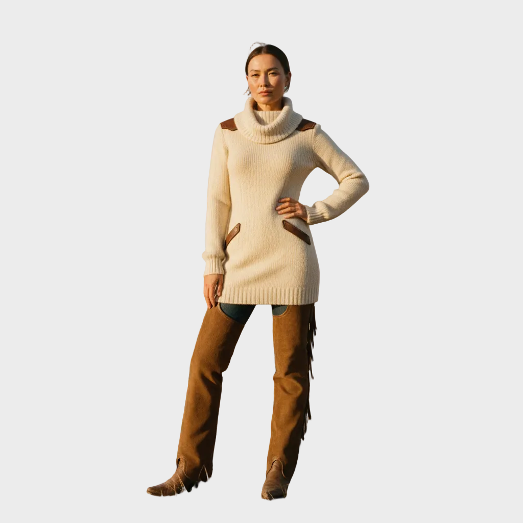 Robe-pull tricotée pour femme à col roulé et bordure contrastante