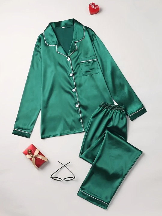 Women's Satin Pyjama Set with Long Sleeve Shirt for Summer