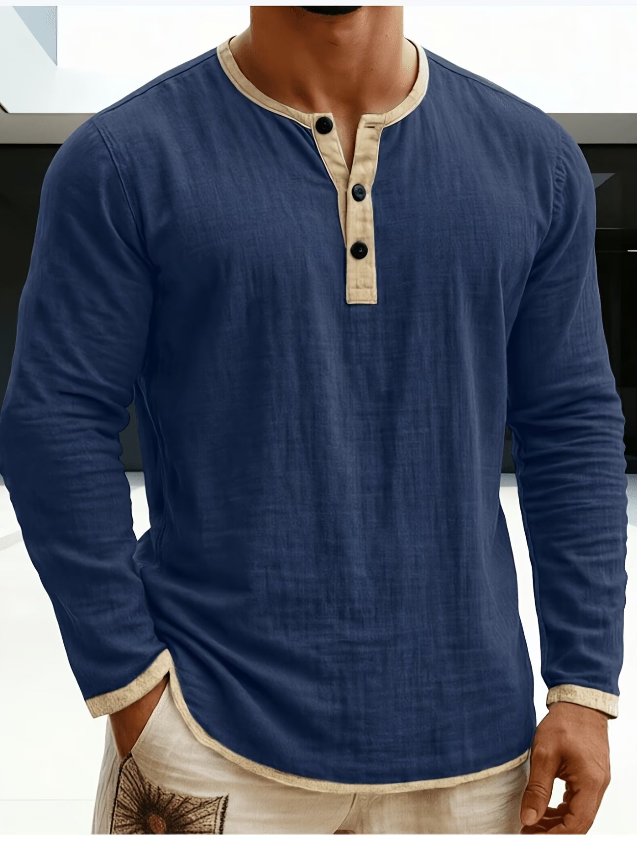 Chemise Henley pour homme à manches longues avec bordures contrastantes