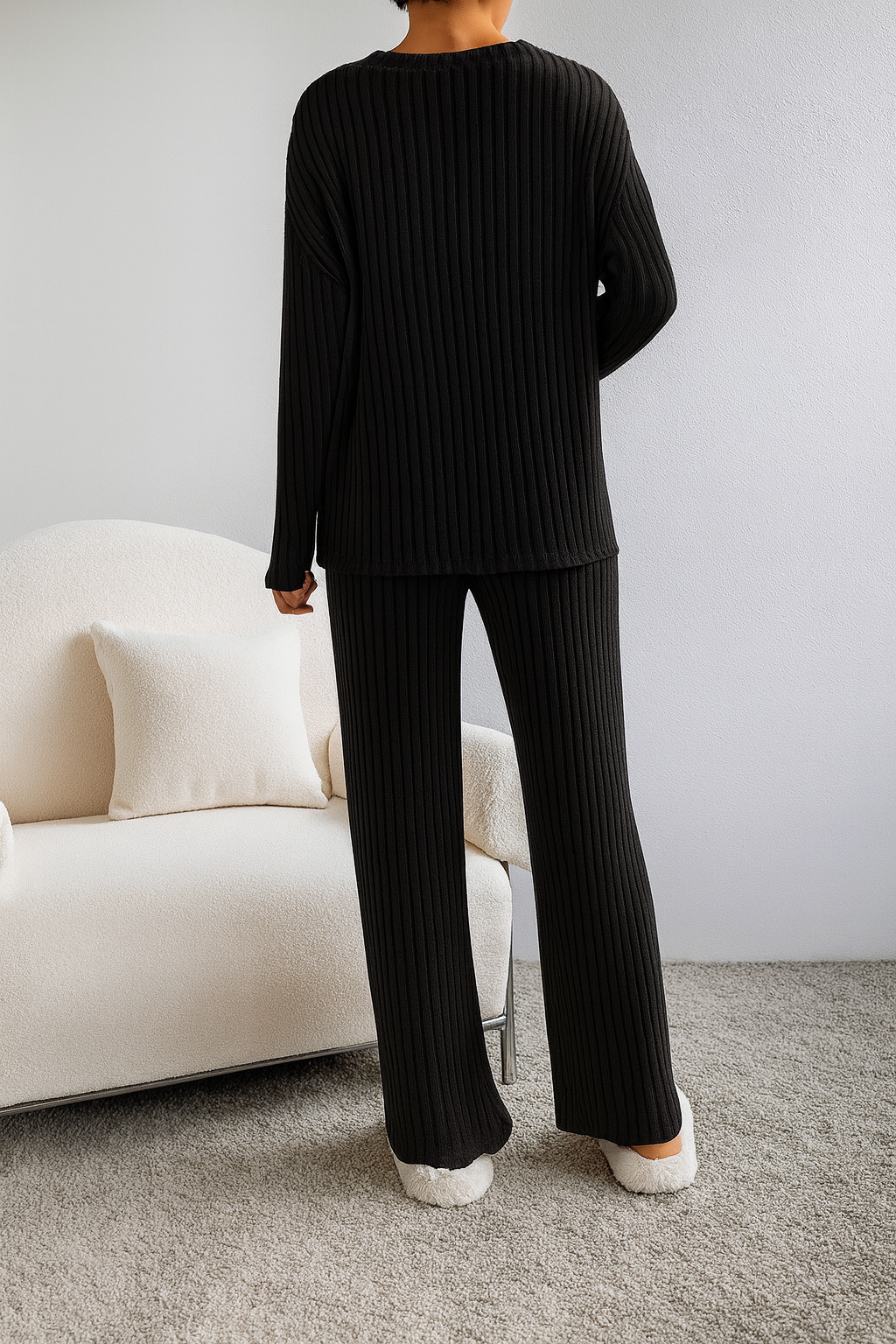 Ensemble d’intérieur pour femme en maille côtelée à col en V