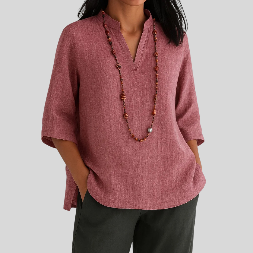 Blouse en mélange de lin coupe décontractée à col en V pour femme