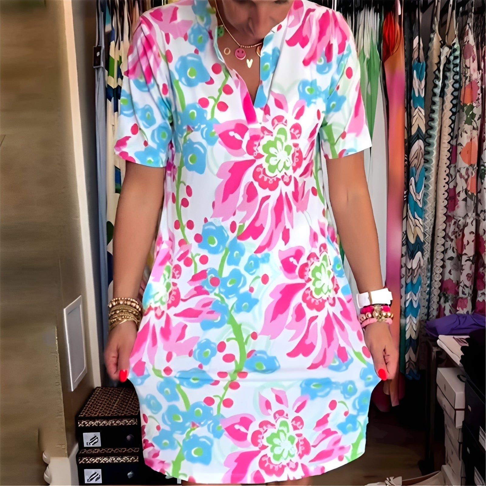 Women's Cotton Blend Floral Shift Dress with Notch Neck