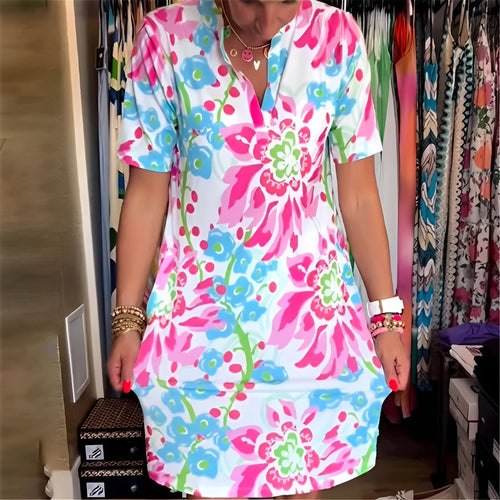 Robe droite à imprimé floral et encolure crantée