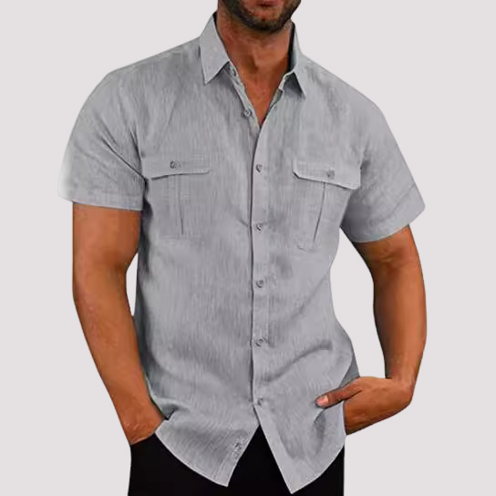 Men's Linen Blend Short Sleeve Button-Up Shirt with Chest Pockets
