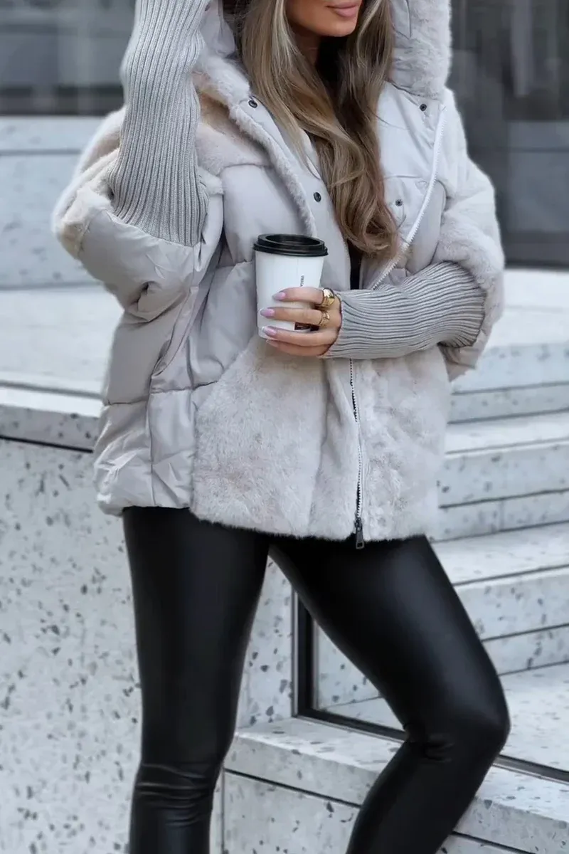 Women's Hooded Puffer Jacket with Faux Fur Trim