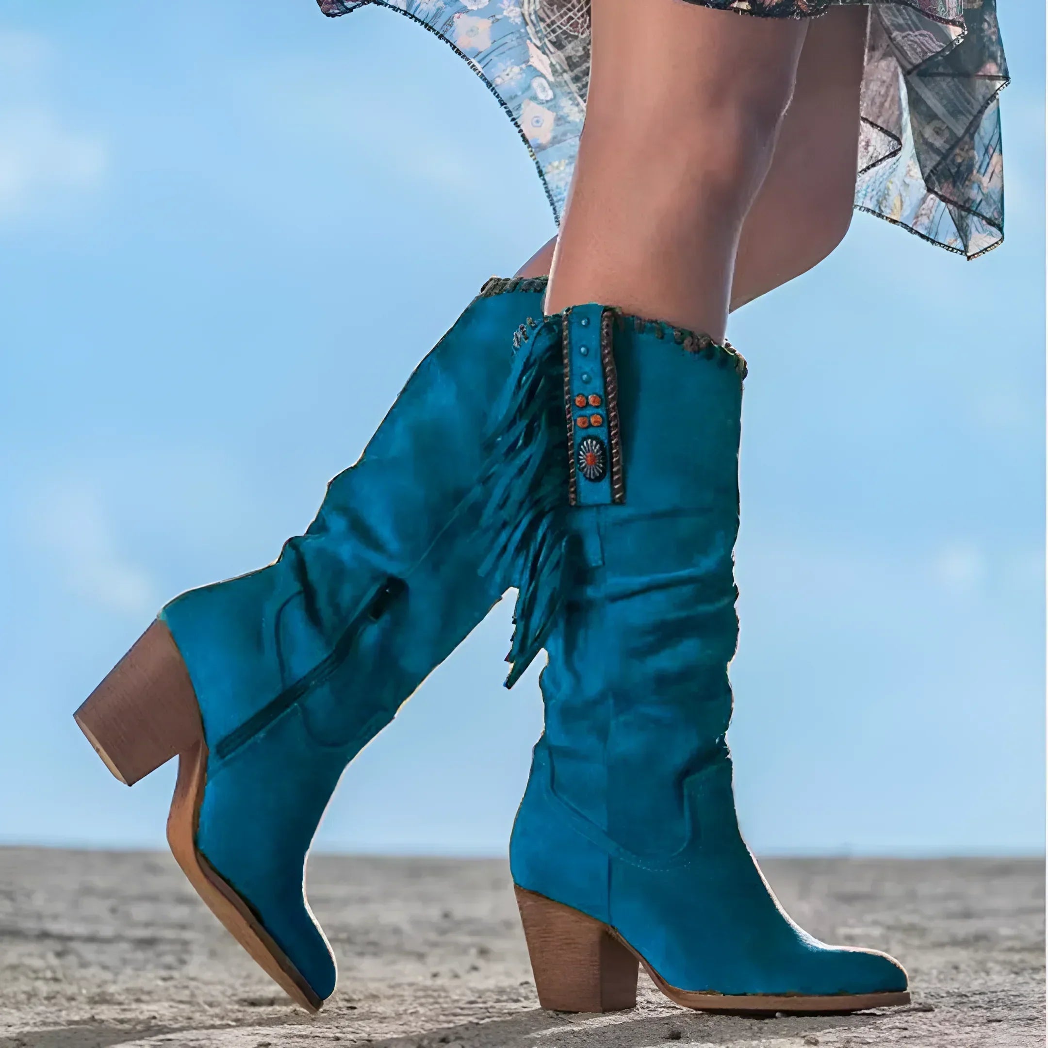 Bottes western à franges montant jusqu’au milieu du mollet pour femme
