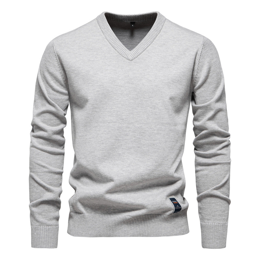 Pull en coton à col en V pour homme | Pull en maille coupe ajustée