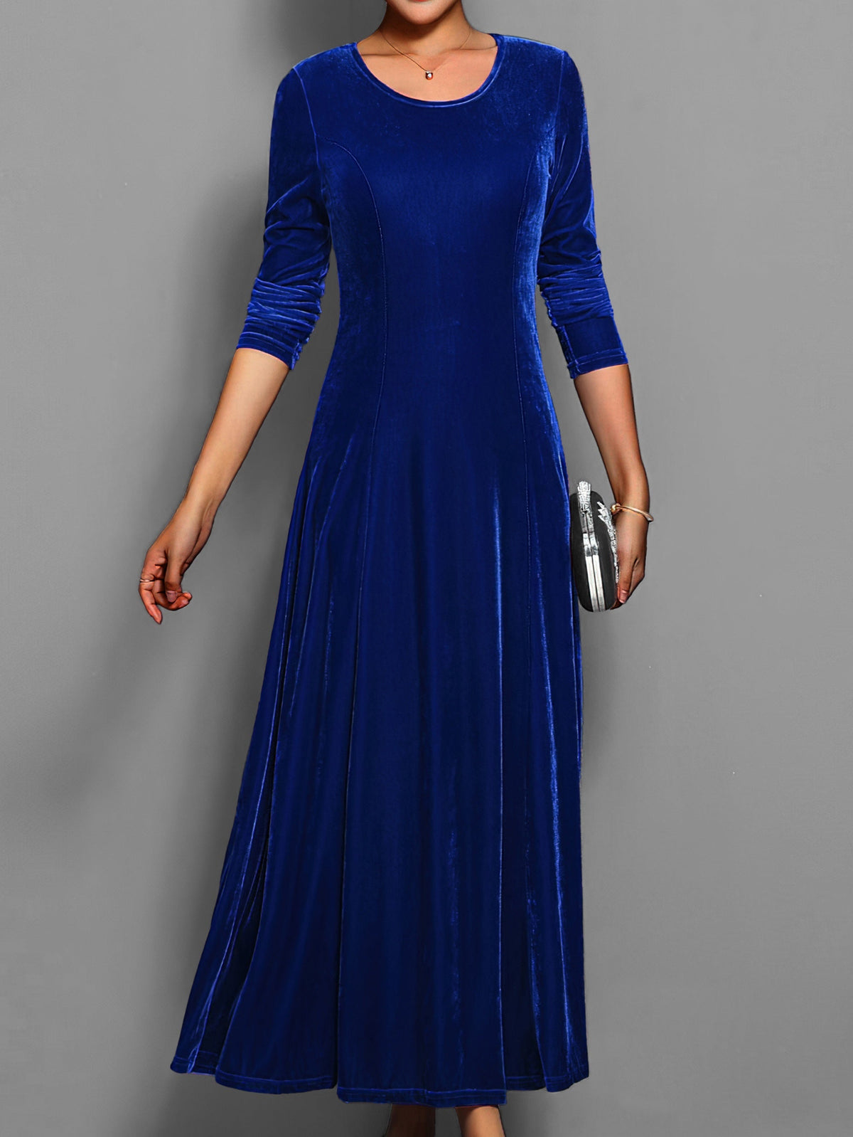 Robe longue trapèze en velours pour femme à manches longues