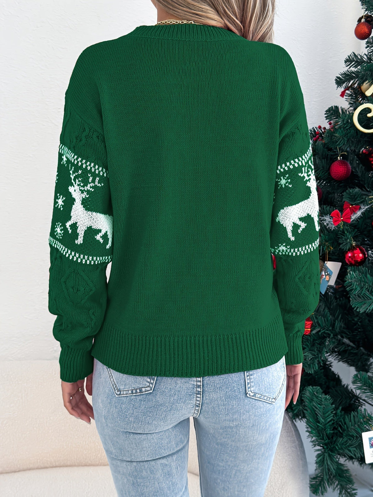Damski sweter świąteczny | Dzianinowy sweter z reniferem we wzorze fair isle