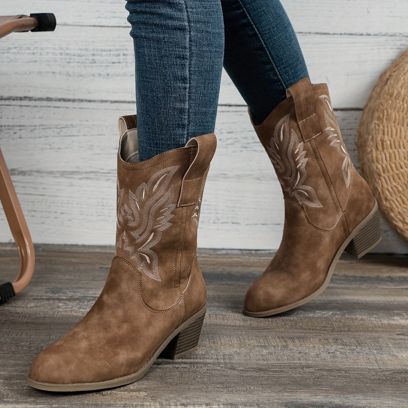 Women’s Western Suede-Look Cowboy Boots with Block Heel