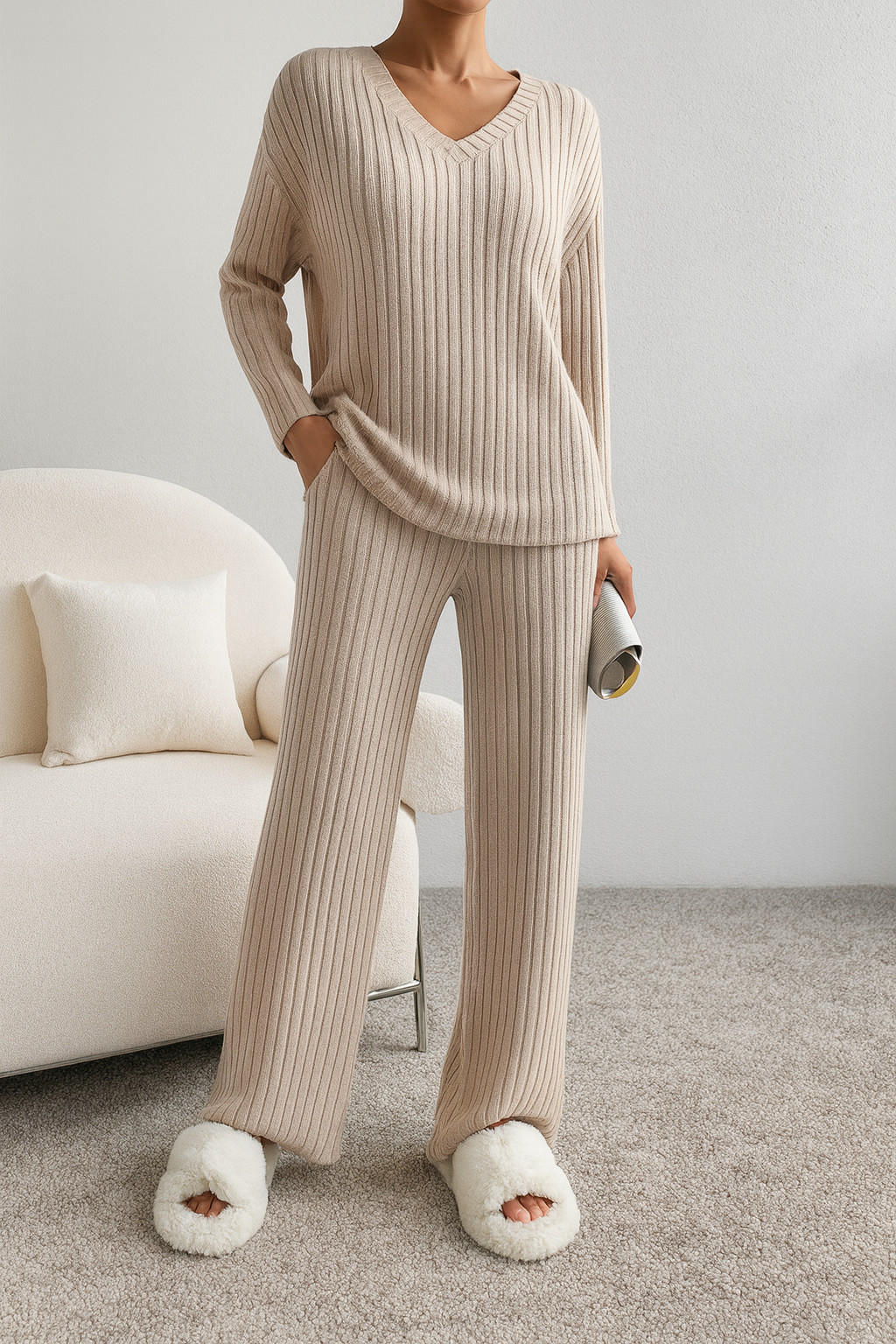 Ensemble d’intérieur pour femme en maille côtelée à col en V