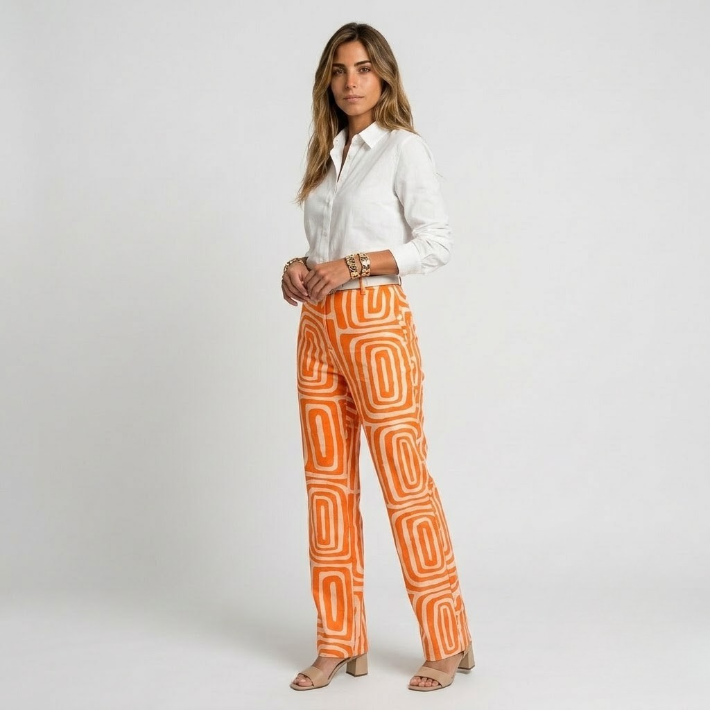 Pantalon taille haute à jambes droites et motif géométrique pour femme