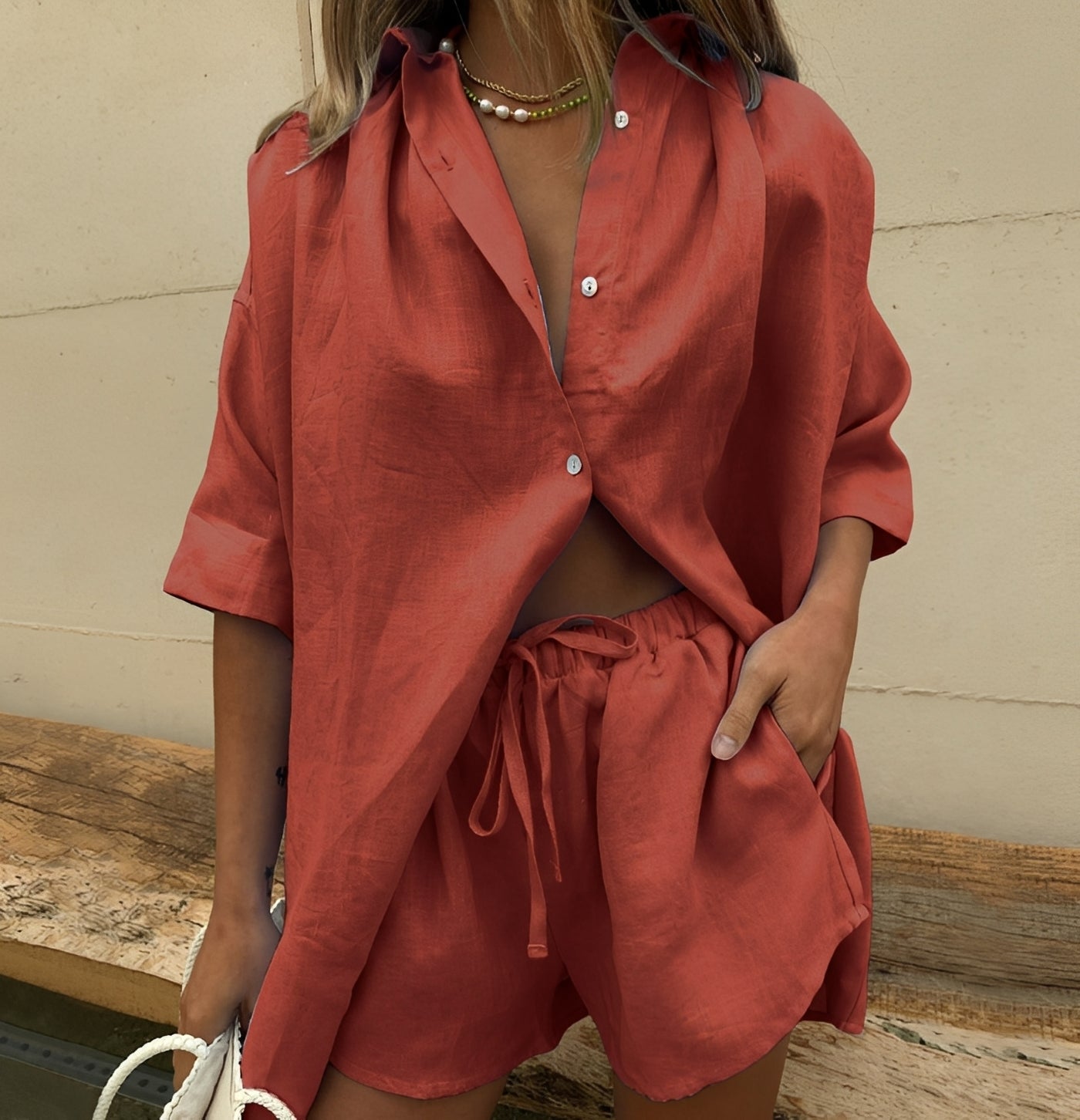 Women's Linen Blend Shirt and Shorts Co-Ord Set