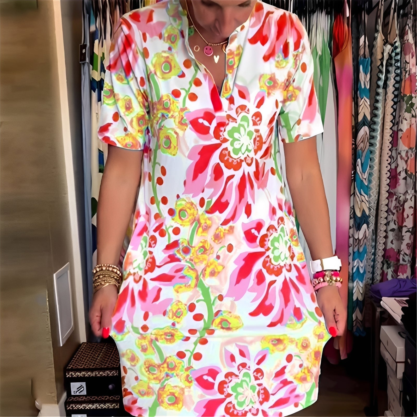 Women's Cotton Blend Floral Shift Dress with Notch Neck