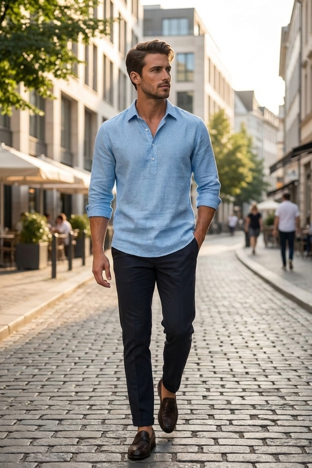 Men's Linen Blend Long Sleeve Henley Collar Shirt