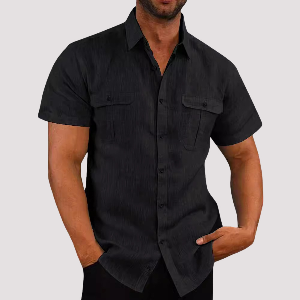 Men's Linen Blend Short Sleeve Button-Up Shirt with Chest Pockets