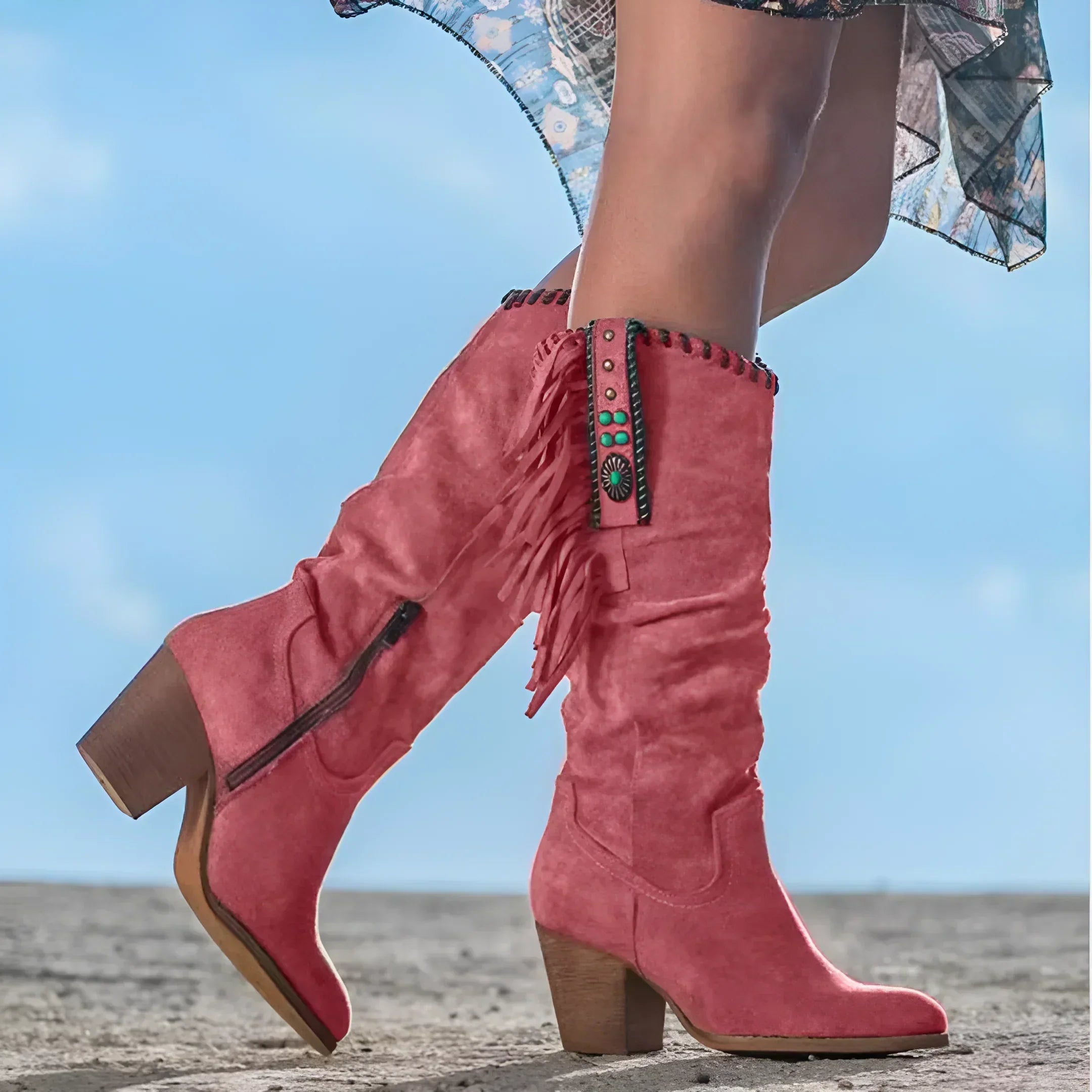 Bottes western à franges montant jusqu’au milieu du mollet pour femme
