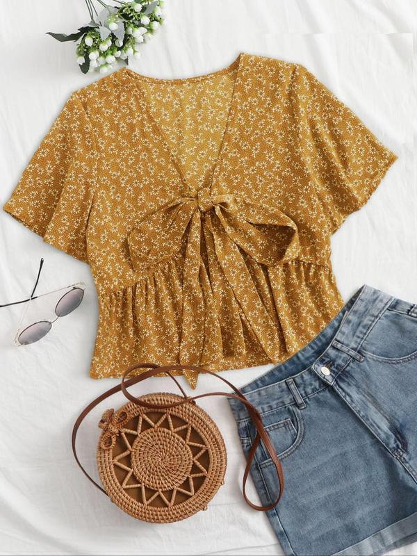 Women's Floral V-Neck Flowy Top with Tie Front