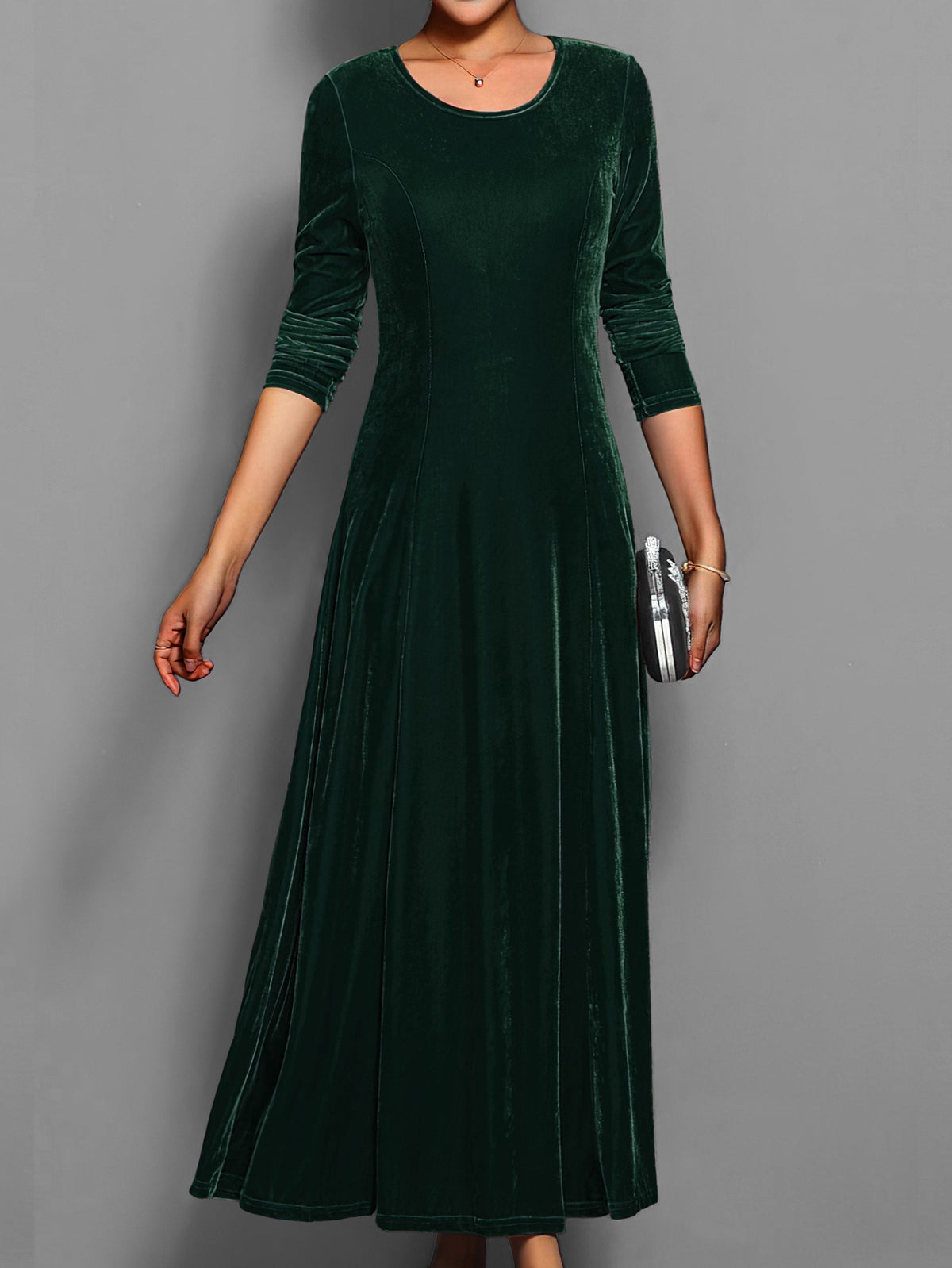 Robe longue trapèze en velours pour femme à manches longues