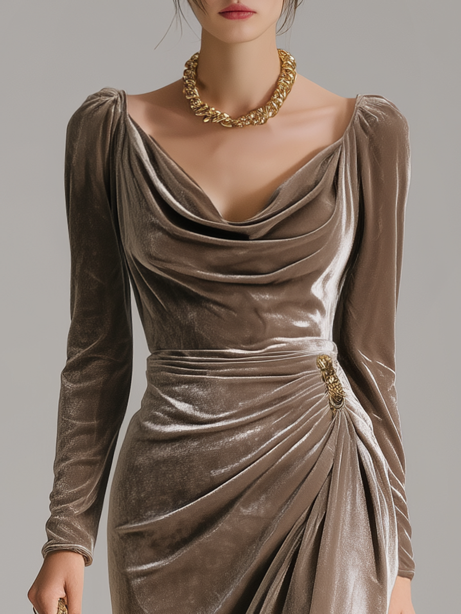 Robe midi pour femme en velours, à col bénitier et froncée